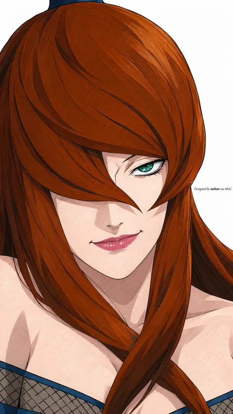 Auburn-haired ninja: one eye concealed. A portrait-format character illustration in the Naruto collection.