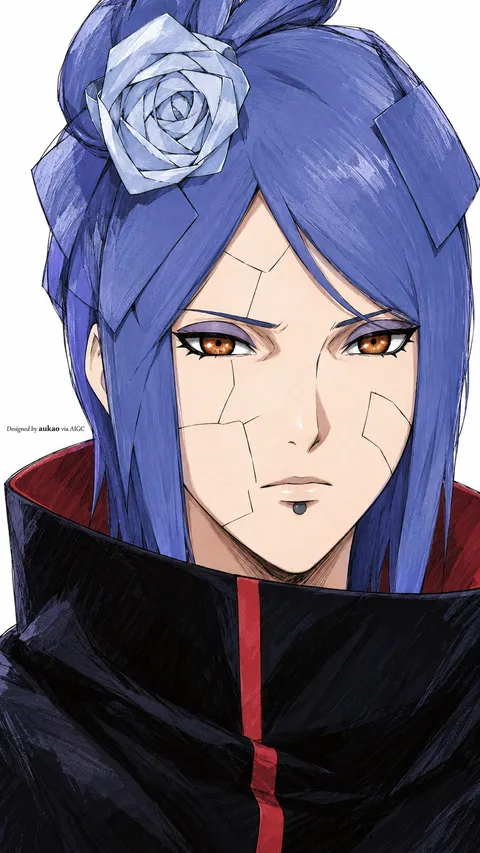 Blue-haired ninja: sideways gaze. A portrait-format character illustration in the Naruto collection.