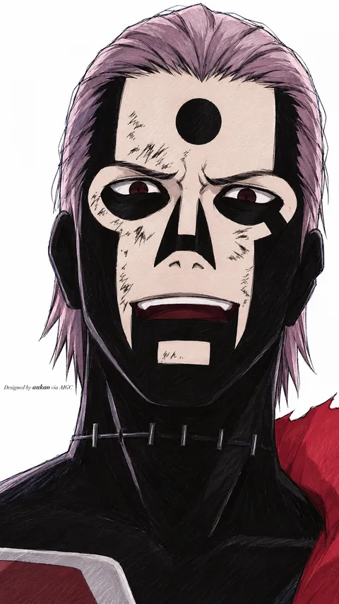 Purple-haired fighter: black-and-white face. A portrait-format character illustration in the Naruto collection.