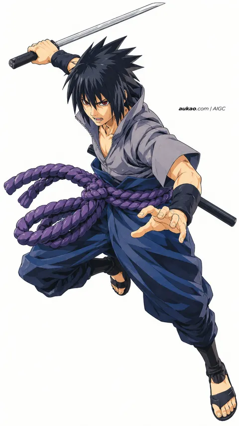 Sasuke Uchiha / 宇智波佐助 / うちはサスケ. Sword action study. AI-generated fan art inspired by Naruto / 火影忍者 / NARUTO -ナルト-. AUKAO study f62177d7.