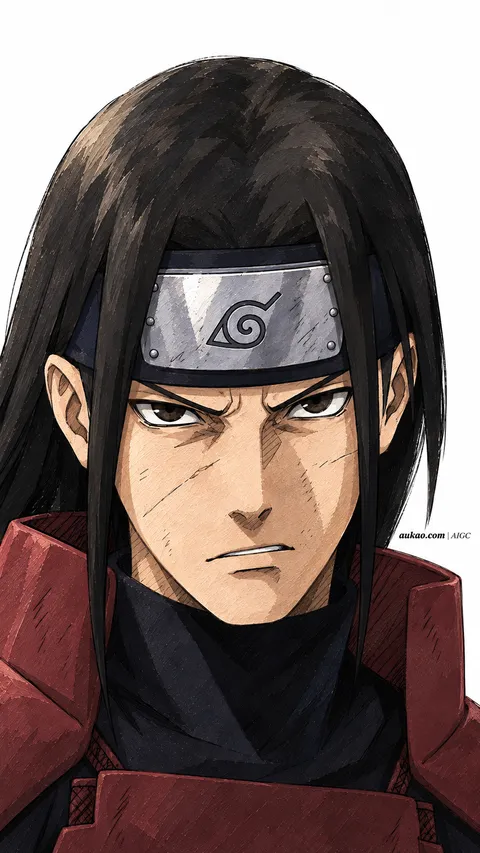 Long-haired Leaf warrior: stern portrait. A portrait-format character illustration in the Naruto collection.