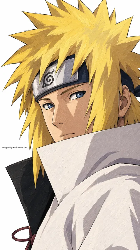 A blond Leaf ninja looks back over the shoulder of a white cloak. His metal forehead protector and sharp blue eye stand out beneath spiky hair.