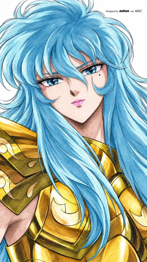 Aqua-haired knight: blue-eyed portrait. A portrait-format character illustration in the Saint Seiya collection.
