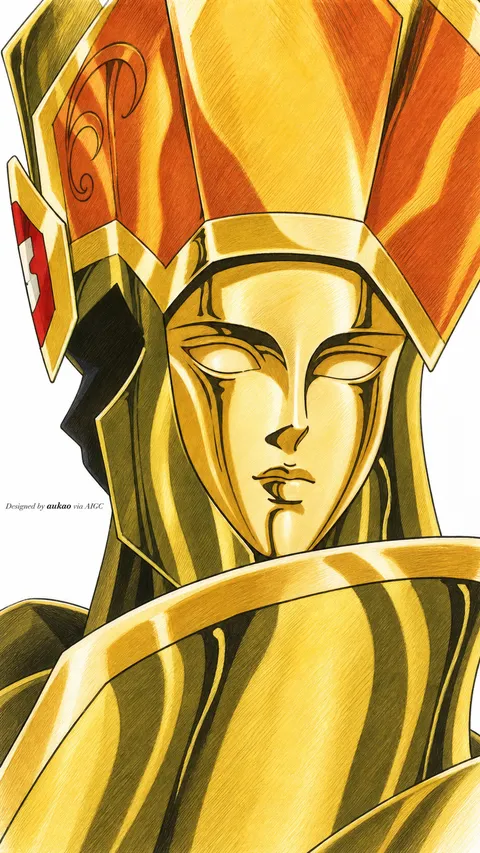 Golden helmet: sculpted faceplate. A portrait-format character illustration in the Saint Seiya collection.