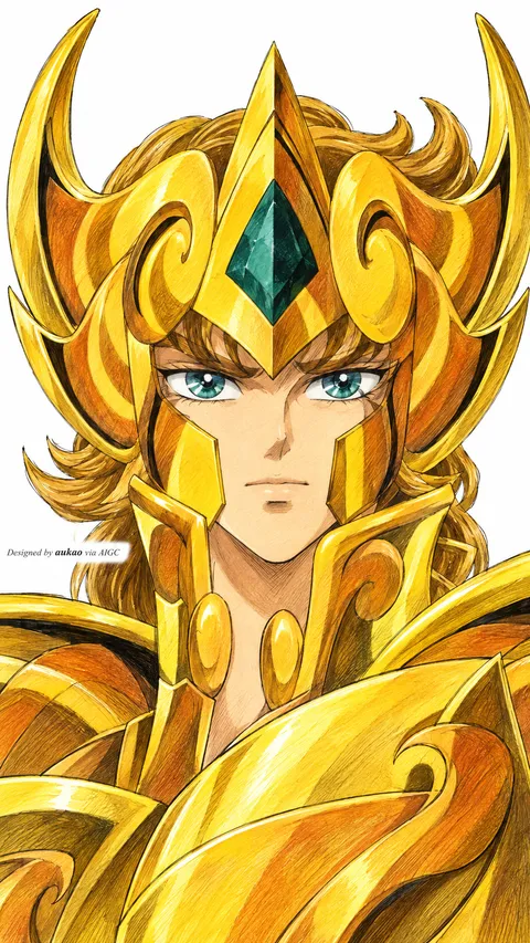 Golden warrior: ornate closed helmet. A portrait-format character illustration in the Saint Seiya collection.