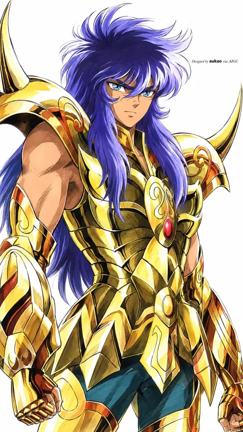 Blue-haired knight: full armor study. A portrait-format character illustration in the Saint Seiya collection.