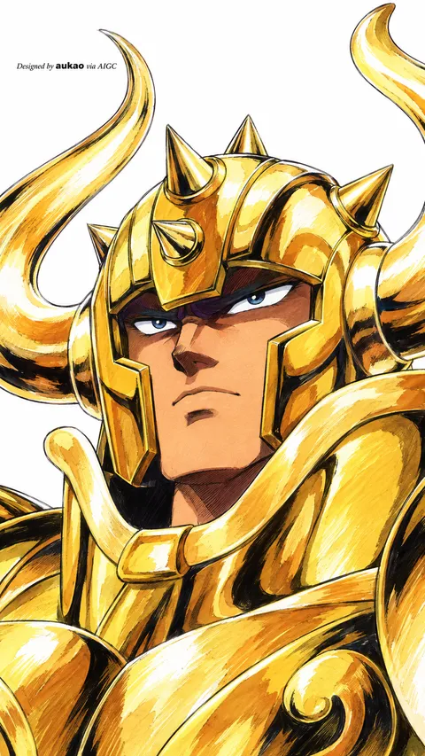 Golden warrior: horned helmet. A portrait-format character illustration in the Saint Seiya collection.