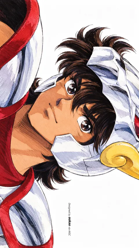 Brown-haired warrior: white winged helmet. A portrait-format character illustration in the Saint Seiya collection.