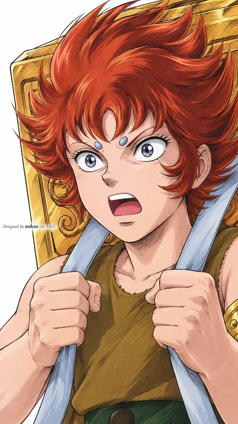 Red-haired youth: fists raised. A portrait-format character illustration in the Saint Seiya collection.