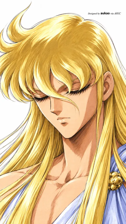 Blond figure: eyes closed. A portrait-format character illustration in the Saint Seiya collection.