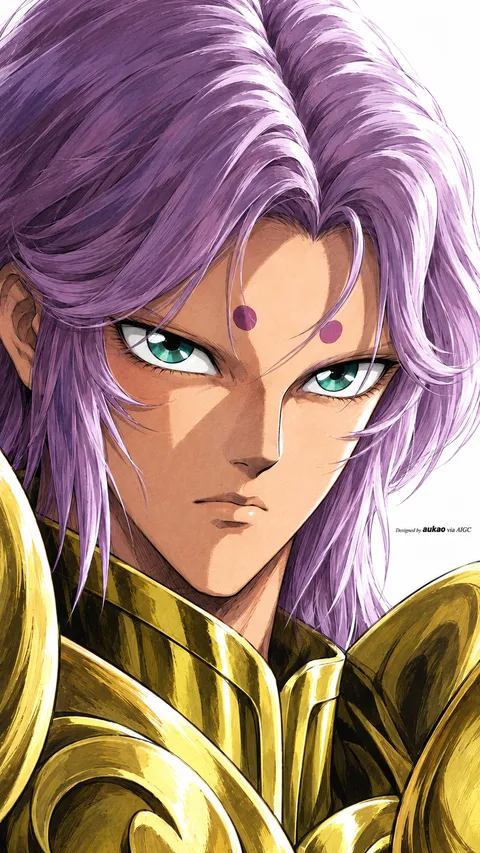 A lavender-haired knight wears gleaming golden armor around his neck and shoulders. His long fringe, blue eyes, and paired forehead markings frame a serious expression.