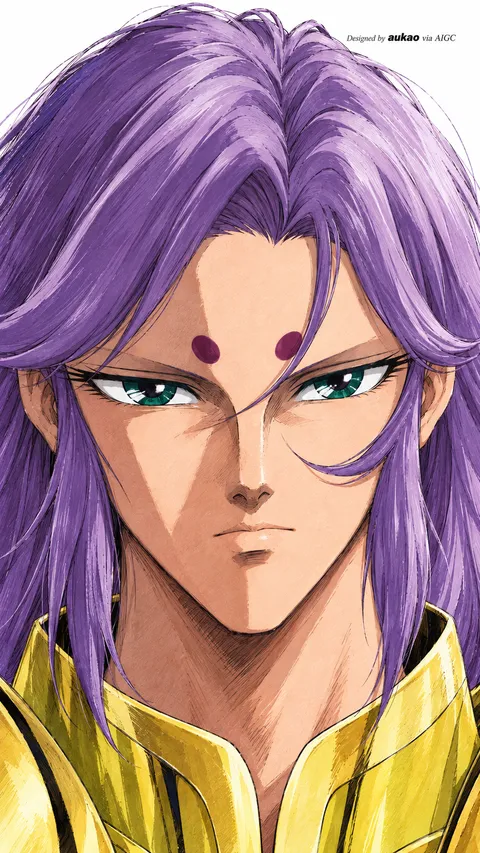 Lavender-haired knight: forehead jewels. A portrait-format character illustration in the Saint Seiya collection.