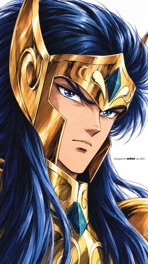 Blue-haired knight: winged golden helmet. A portrait-format character illustration in the Saint Seiya collection.