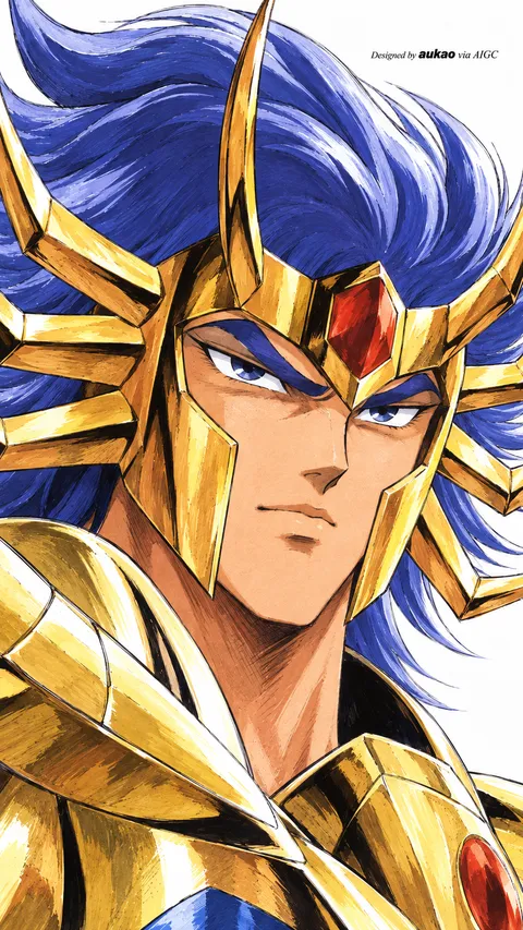 Blue-haired knight: horned golden crown. A portrait-format character illustration in the Saint Seiya collection.
