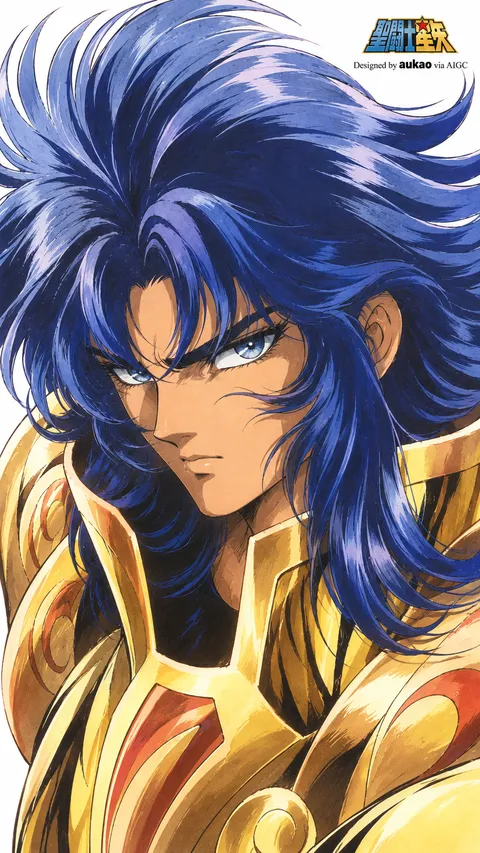 A blue-haired knight looks over his golden shoulder armor. Long, flowing hair and warm metallic highlights create a dramatic Saint Seiya character study.