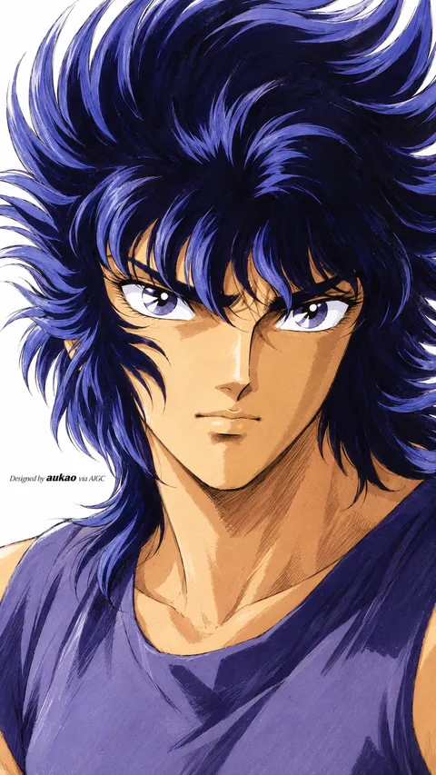 Blue-haired warrior: purple shirt. A portrait-format character illustration in the Saint Seiya collection.