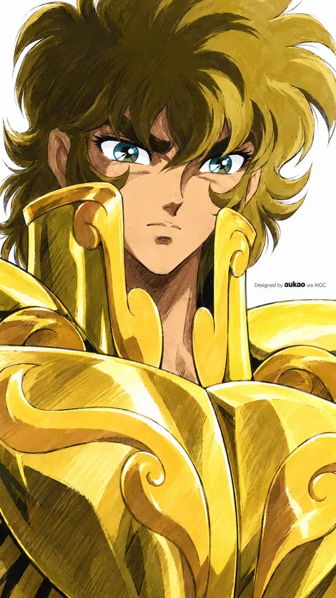 Golden knight: a steady gaze. A portrait-format character illustration in the Saint Seiya collection.
