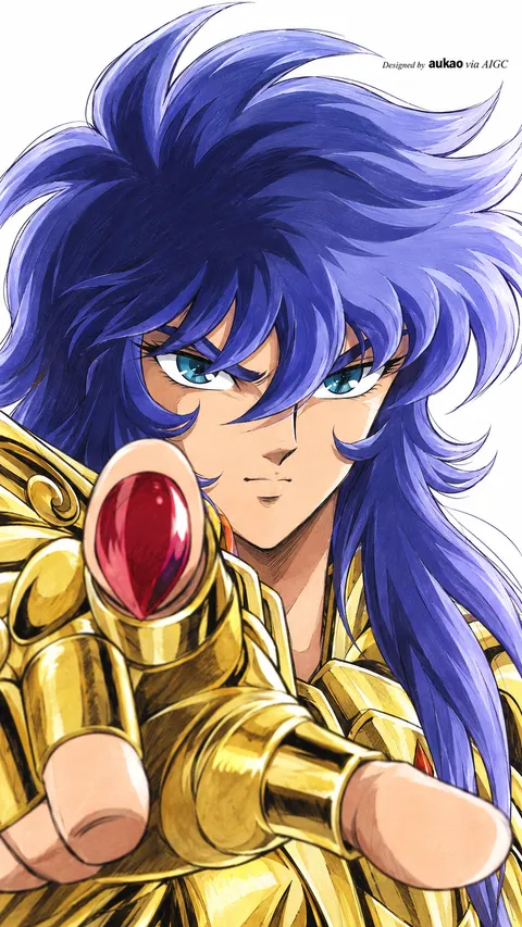 A blue-haired knight raises a red-jeweled armored hand toward the viewer. Golden armor and violet-blue hair frame his intent gaze.