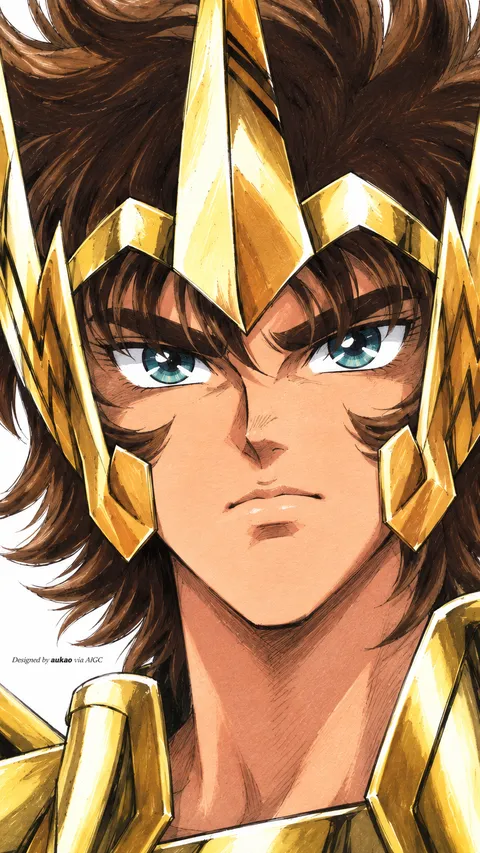 Brown-haired knight: golden headpiece. A portrait-format character illustration in the Saint Seiya collection.