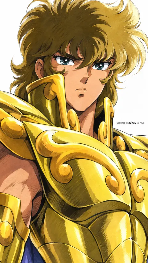 Golden knight: raised shoulder guard. A portrait-format character illustration in the Saint Seiya collection.