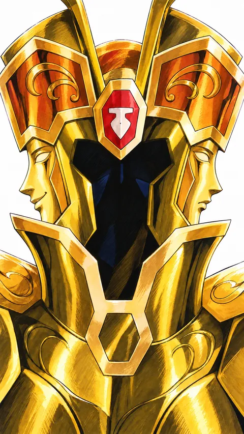 Golden helmet: shadowed face. A portrait-format character illustration in the Saint Seiya collection.
