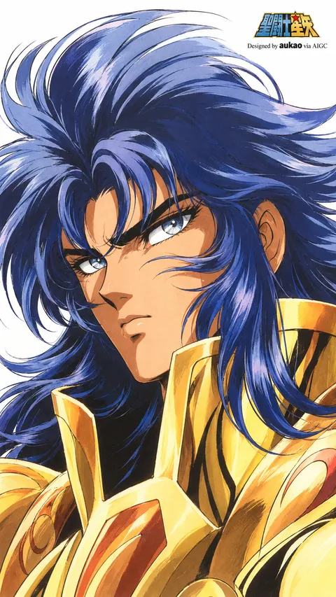 Blue-haired knight: a sideways smile. A portrait-format character illustration in the Saint Seiya collection.