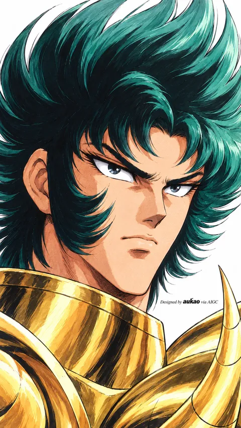 Teal-haired knight: golden collar. A portrait-format character illustration in the Saint Seiya collection.
