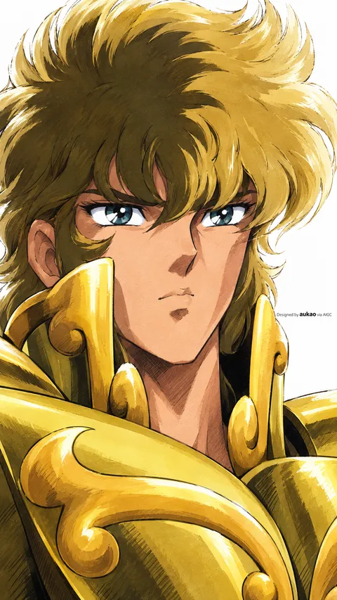 Golden knight: angled shoulder portrait. A portrait-format character illustration in the Saint Seiya collection.
