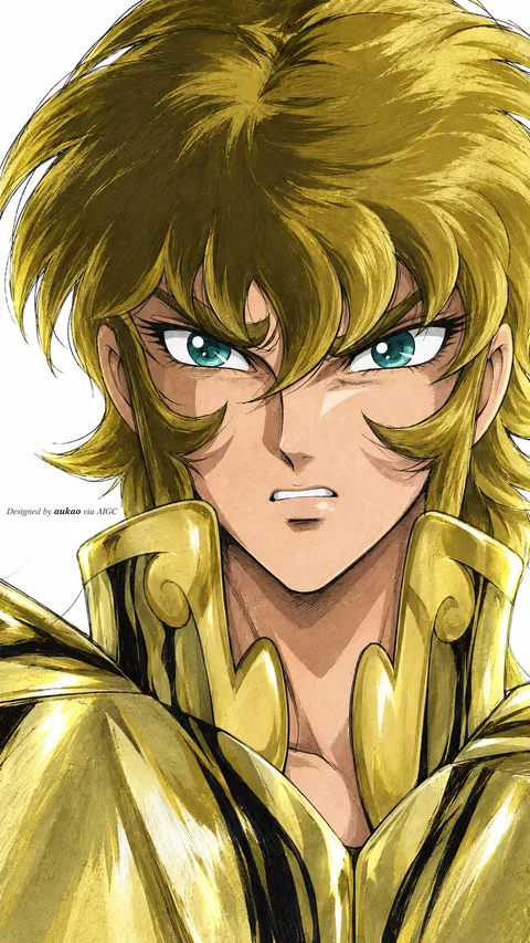 A golden-armored knight smiles slightly beneath tousled brown hair. Green eyes and warm metal reflections bring color to the compact portrait.