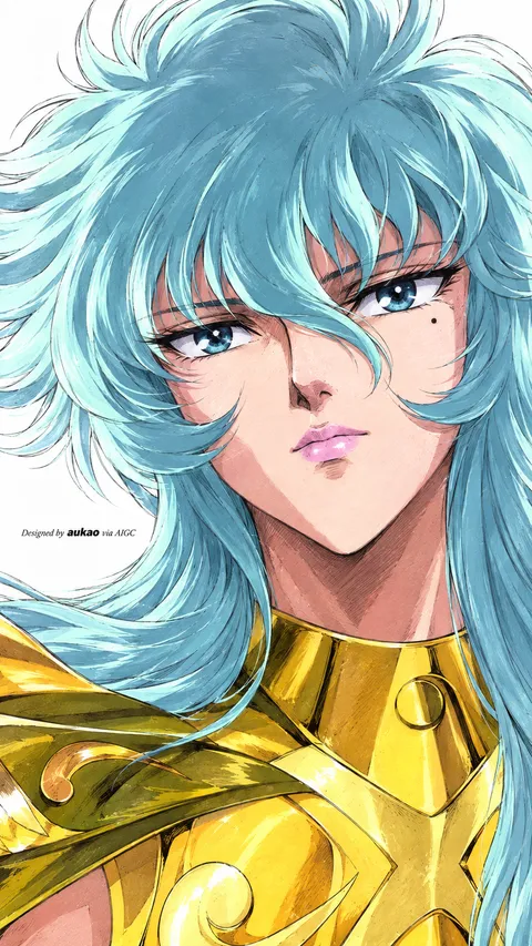 An aqua-haired knight wears bright golden shoulder armor. Softly curling hair and cool blue eyes contrast with the warm highlights of the armor.