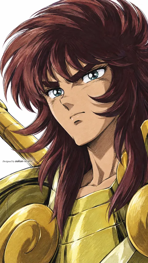 Brown-haired knight: golden shoulder armor. A portrait-format character illustration in the Saint Seiya collection.