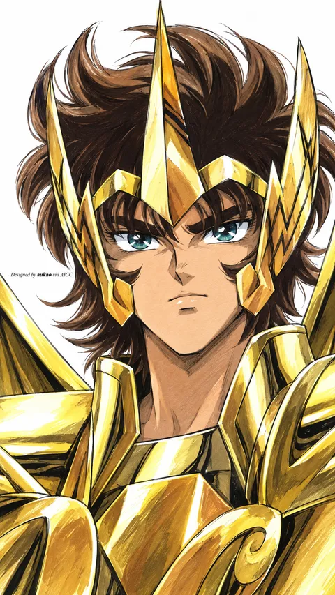 A brown-haired knight wears an elaborate golden headpiece and matching armor. Angular wing-like details frame his face in this Saint Seiya-inspired portrait.