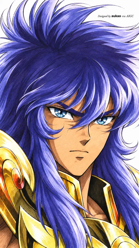 Blue-haired knight: quiet armored portrait. A portrait-format character illustration in the Saint Seiya collection.