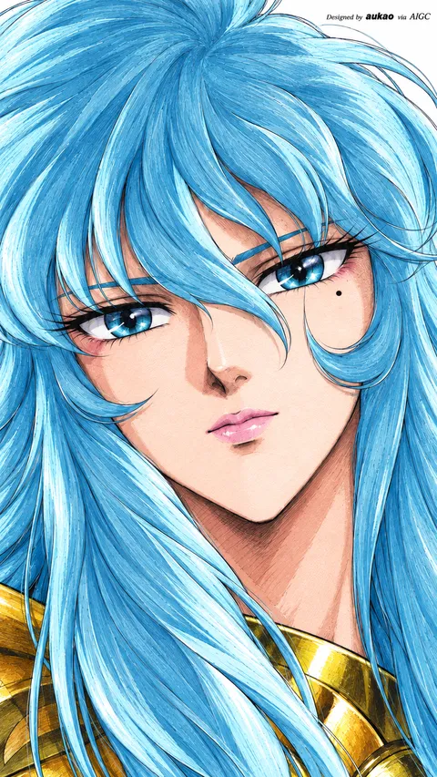 Aqua-haired knight: angled gaze. A portrait-format character illustration in the Saint Seiya collection.
