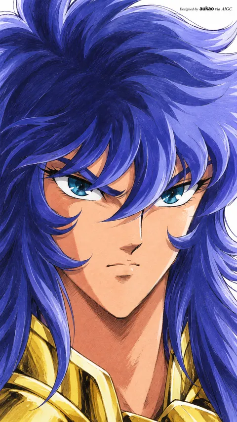 Blue-haired knight: blue-eyed close-up. A portrait-format character illustration in the Saint Seiya collection.