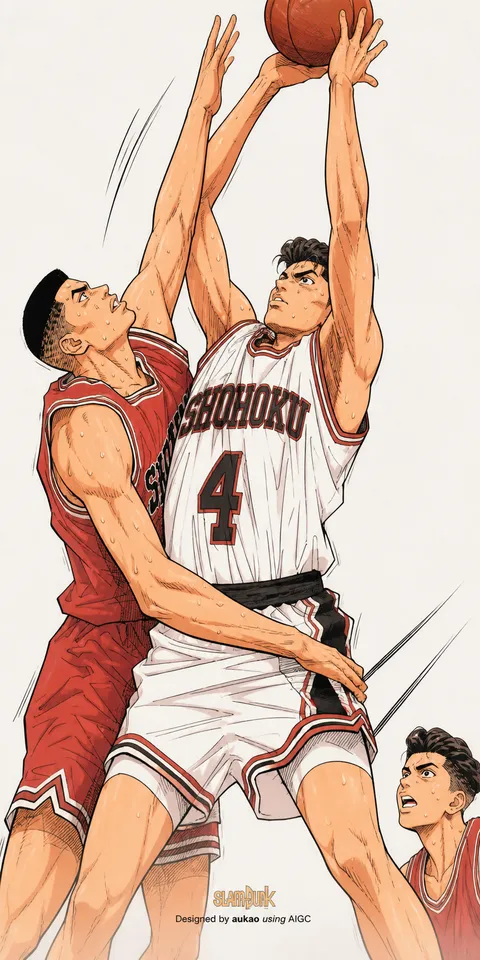 Basketball rivals: contest at the rim. A portrait-format character illustration in the Slam Dunk collection.