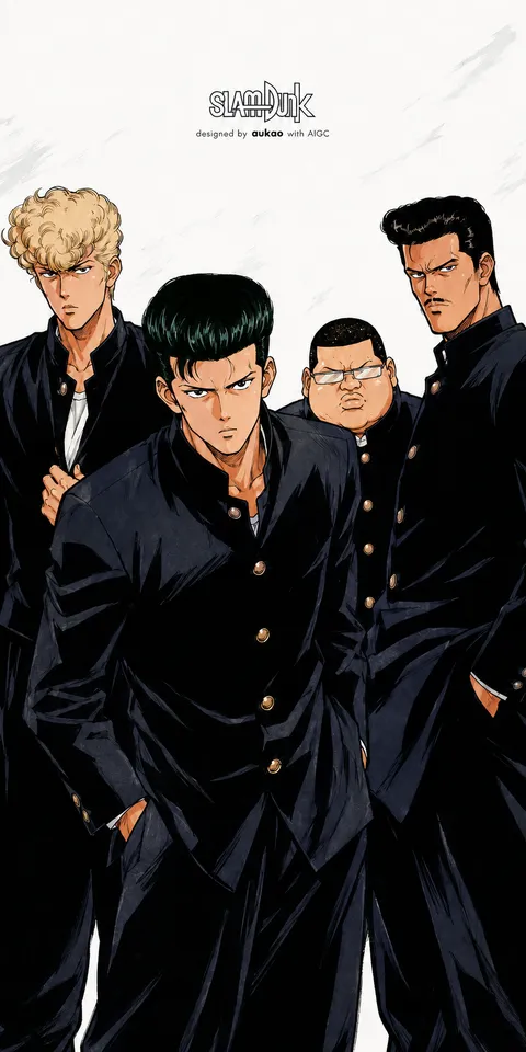 School-uniform group: four friends. A portrait-format character illustration in the Slam Dunk collection.