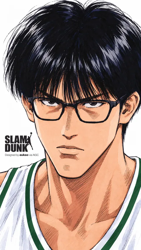 Glasses and green jersey: quiet focus. A portrait-format character illustration in the Slam Dunk collection.
