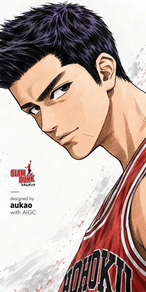 A dark-haired Shohoku player glances over his shoulder in a red number 14 jersey. Loose black brushwork surrounds the clean lines of his face and uniform.