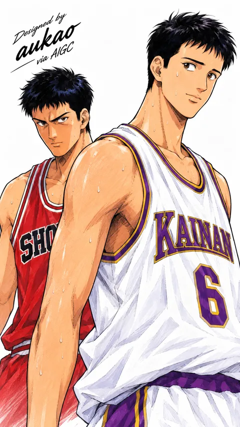 Kainan and Shohoku: back-to-back players. A portrait-format character illustration in the Slam Dunk collection.