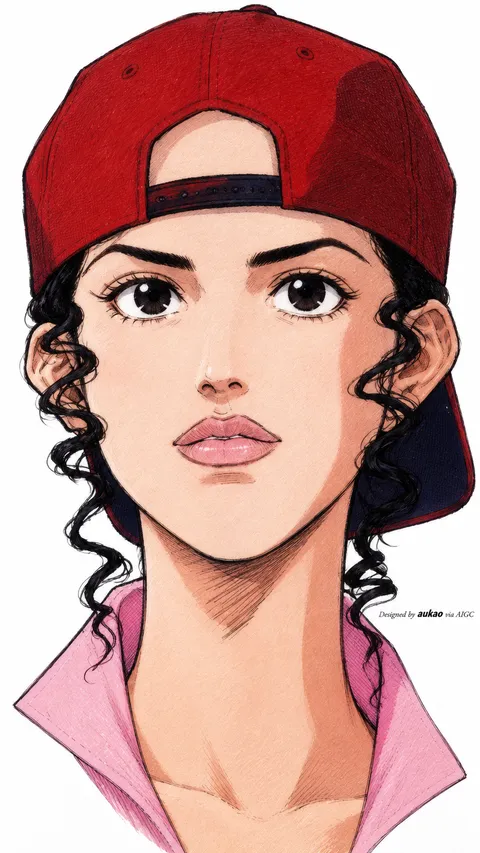 Backward red cap: curls and pink collar. A portrait-format character illustration in the Slam Dunk collection.