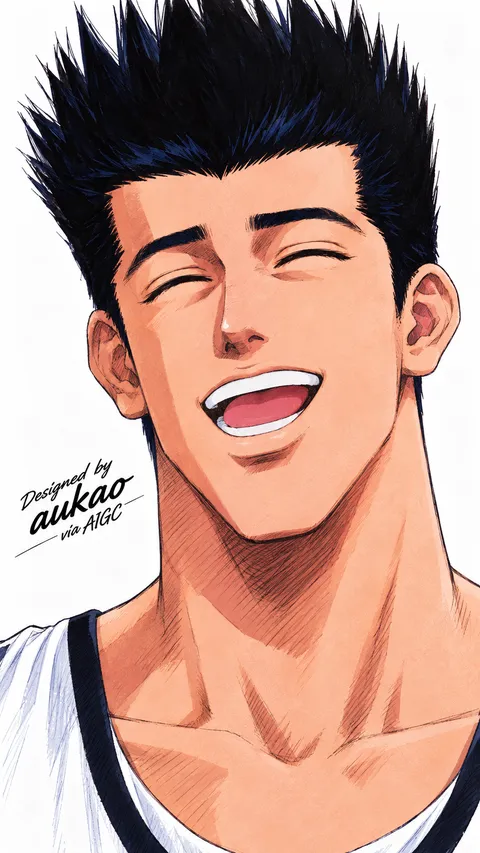 A spiky-haired basketball player laughs with his eyes closed. A white jersey and lightly sketched background give this Slam Dunk portrait a relaxed feel.
