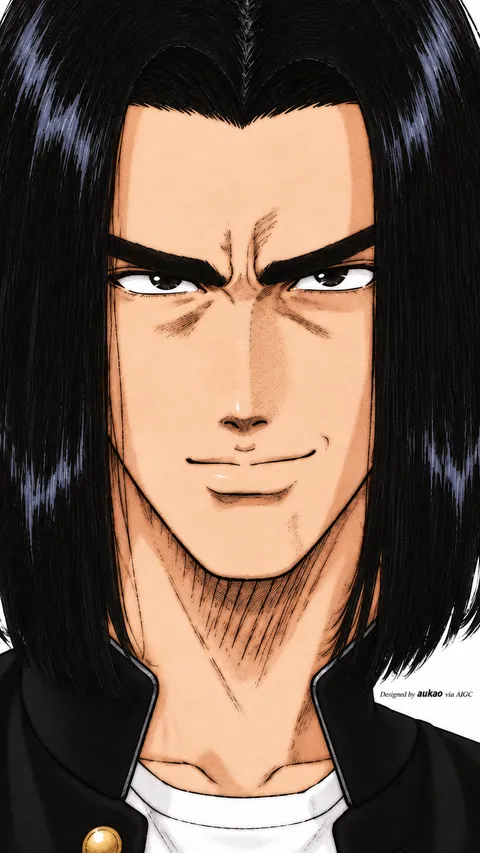 Long-haired student: black jacket. A portrait-format character illustration in the Slam Dunk collection.