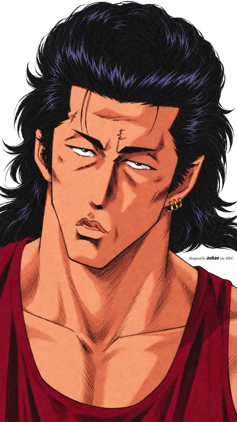 Long-haired player: battle-worn expression. A portrait-format character illustration in the Slam Dunk collection.