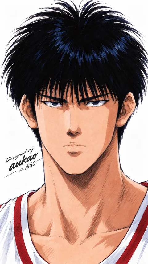 A black-haired Shohoku basketball player faces forward in a red-and-white jersey. The straight fringe and restrained expression give this portrait a quiet intensity.