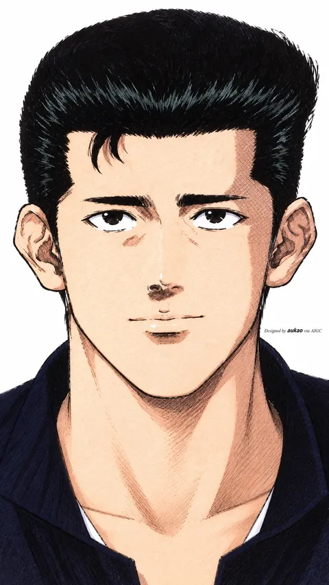 Pompadour student: blue-collared jacket. A portrait-format character illustration in the Slam Dunk collection.