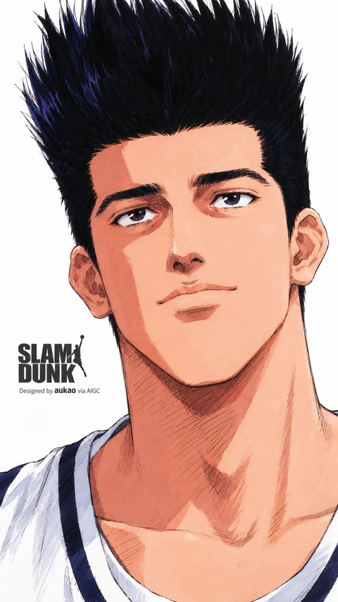 Spiky-haired player: white jersey. A portrait-format character illustration in the Slam Dunk collection.