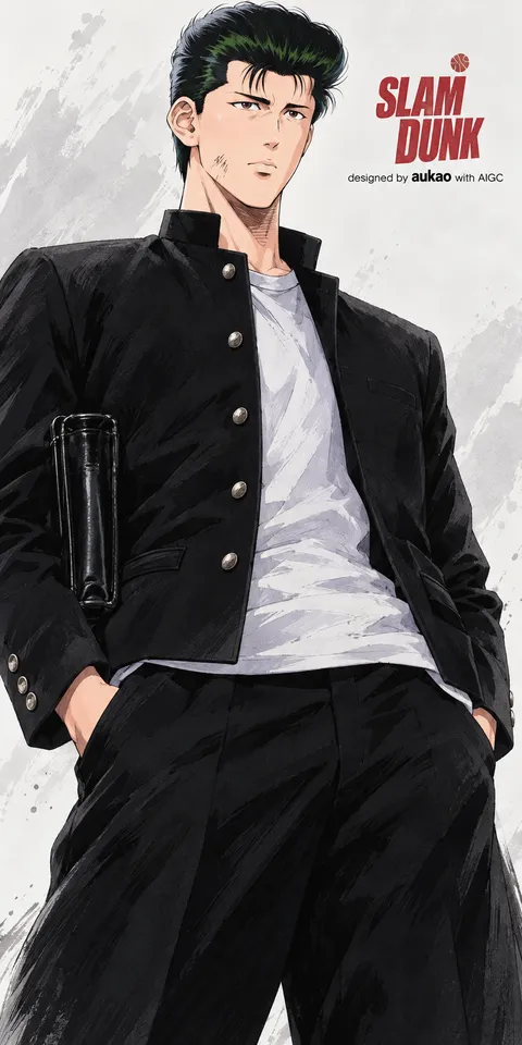 Dark-haired student: standing tall. A portrait-format character illustration in the Slam Dunk collection.