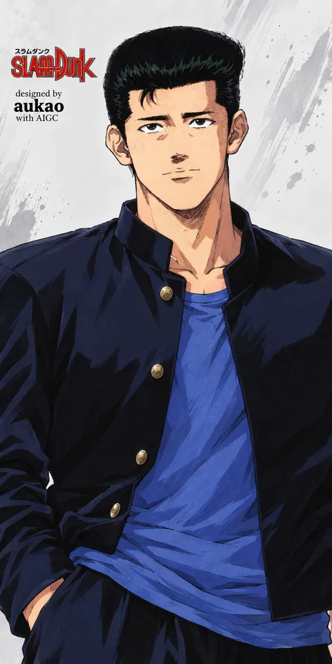 Dark-haired student: blue shirt. A portrait-format character illustration in the Slam Dunk collection.