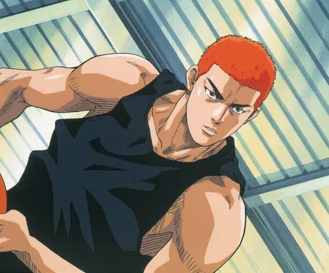 Red-haired player: black-jersey action frame. A landscape-format character illustration in the Slam Dunk collection.